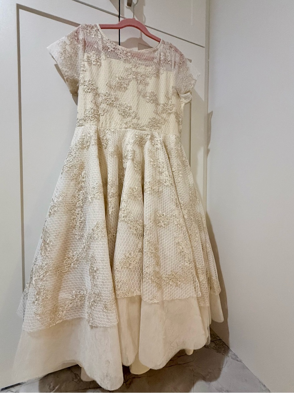 Girls' Ivory & Gold Lace Party Dress - Picture 3 of 3